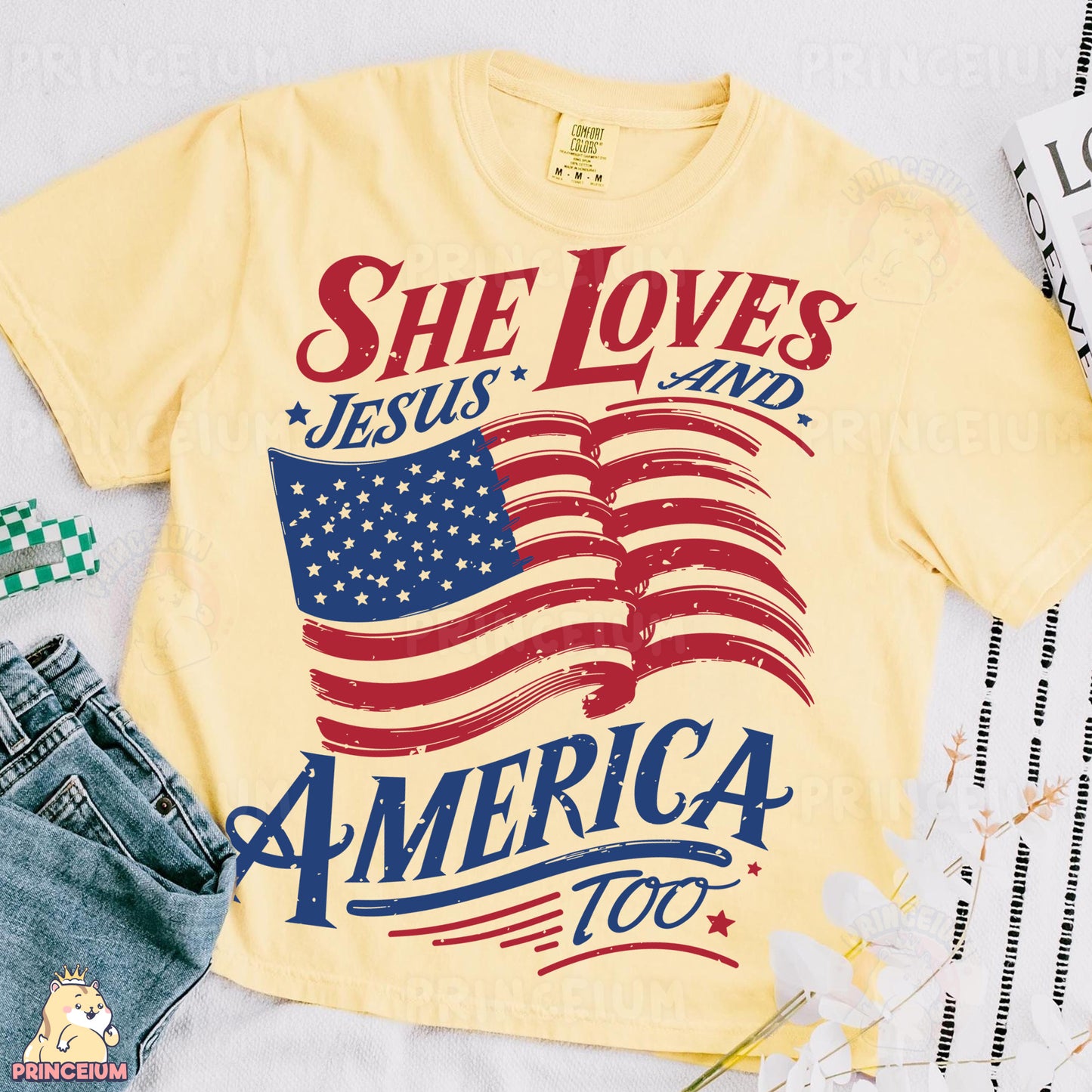 a t - shirt that says she loves jesus and america too