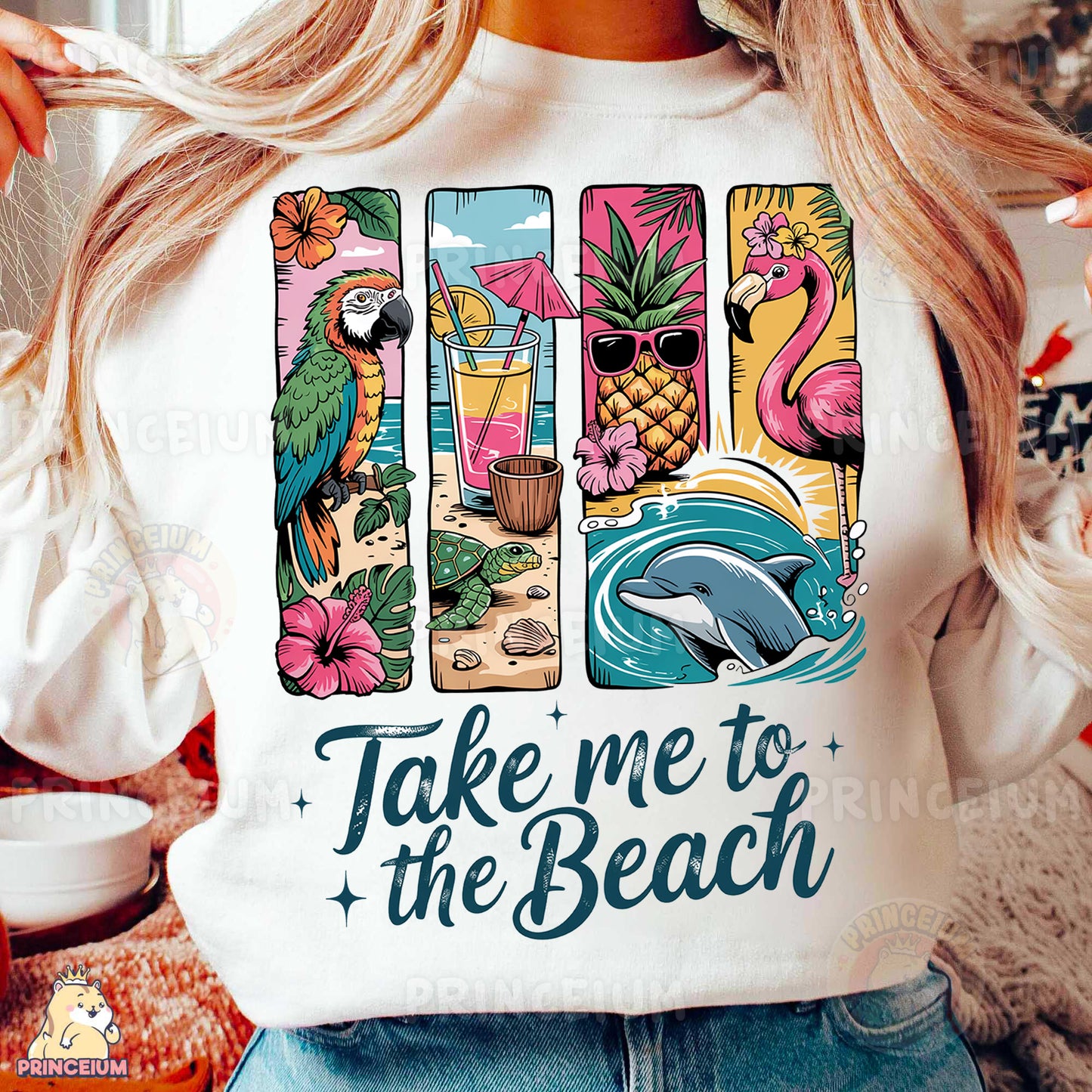 a woman wearing a t - shirt that says take me to the beach