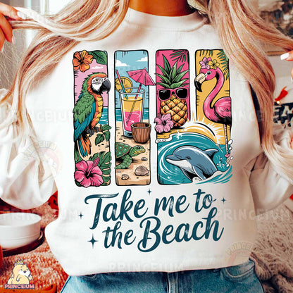 a woman wearing a t - shirt that says take me to the beach
