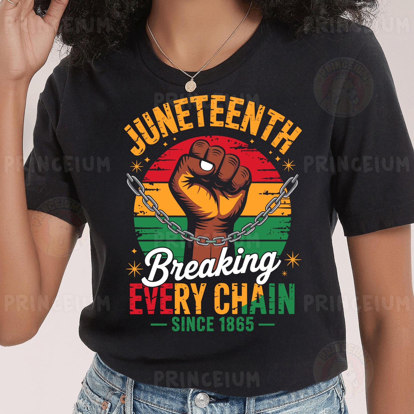 a woman wearing a black t - shirt with the words juneteeth breaking every