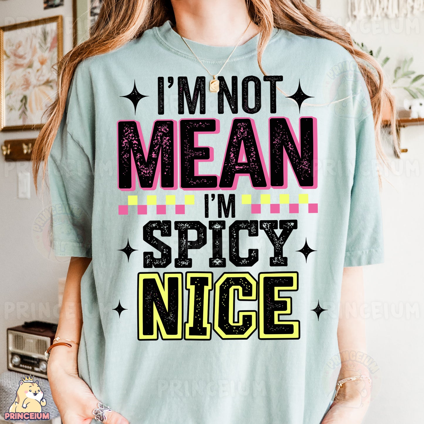 a woman wearing a t - shirt that says i'm not mean i '