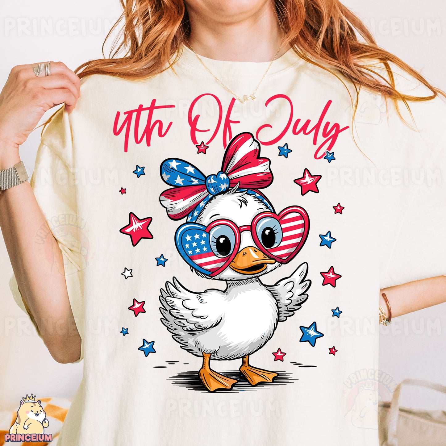 a woman wearing a t - shirt with a duck wearing sunglasses