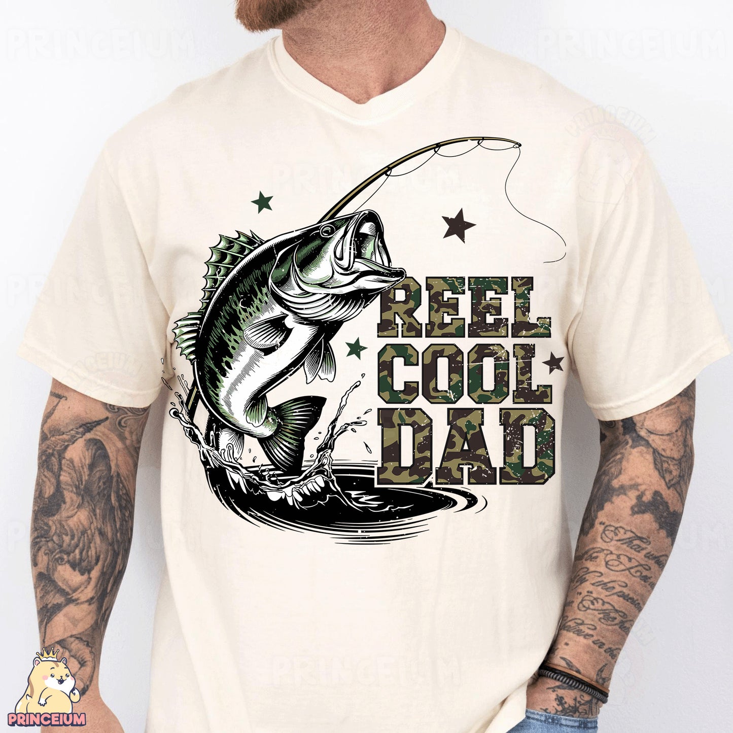 a man wearing a reel cool dad t - shirt