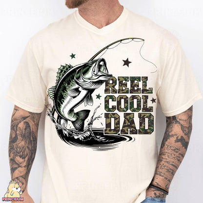 a man wearing a reel cool dad t - shirt