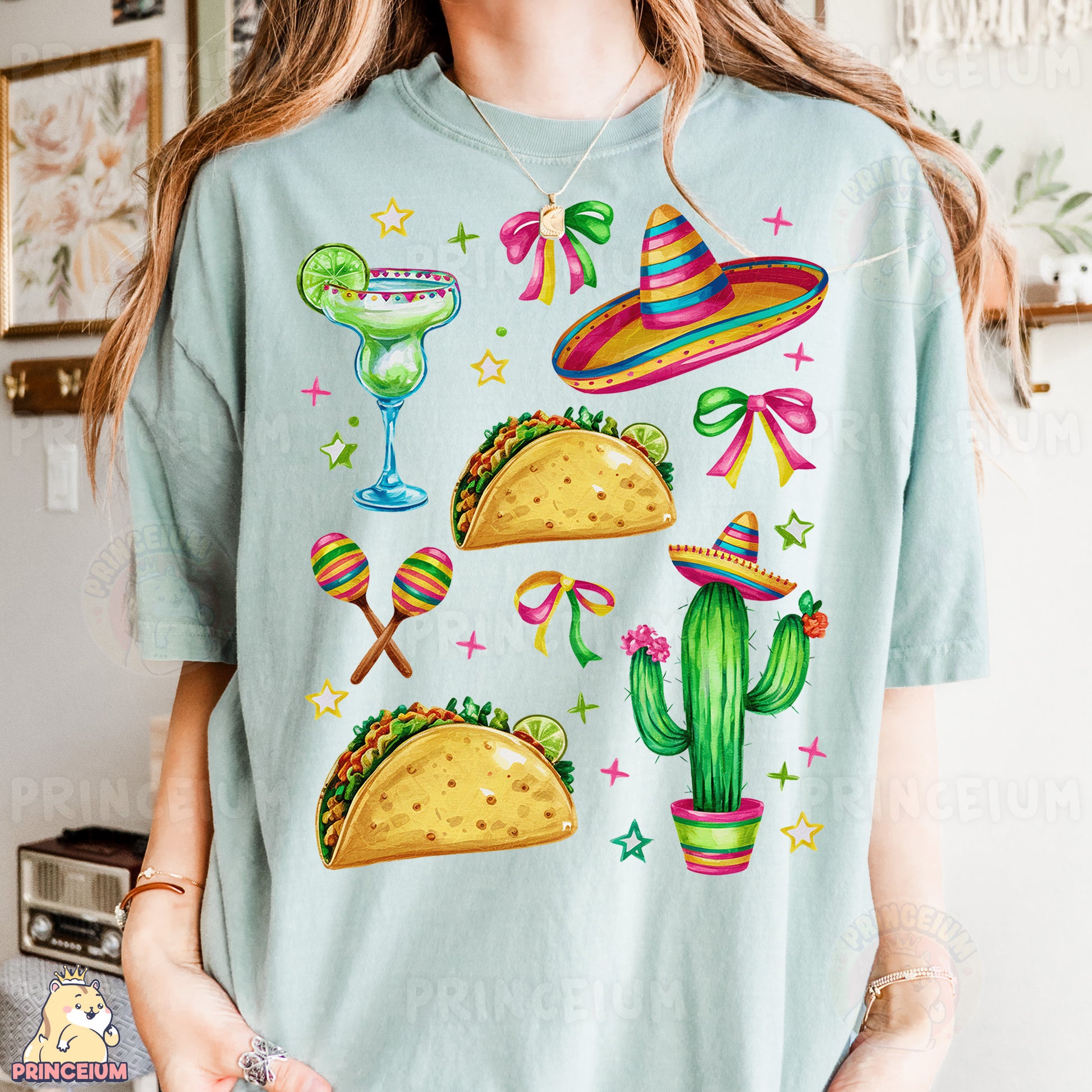 a woman wearing a t - shirt with mexican food on it