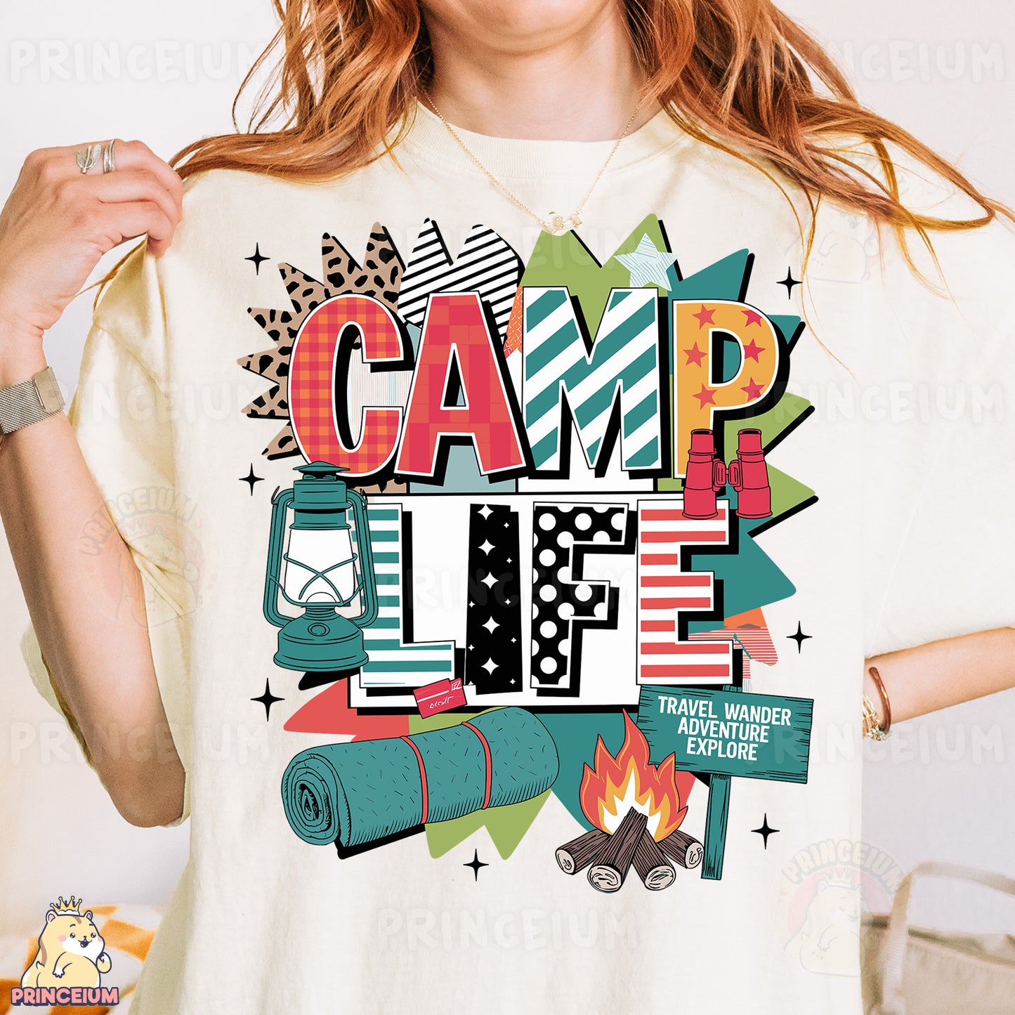 a woman wearing a t - shirt that says camp time