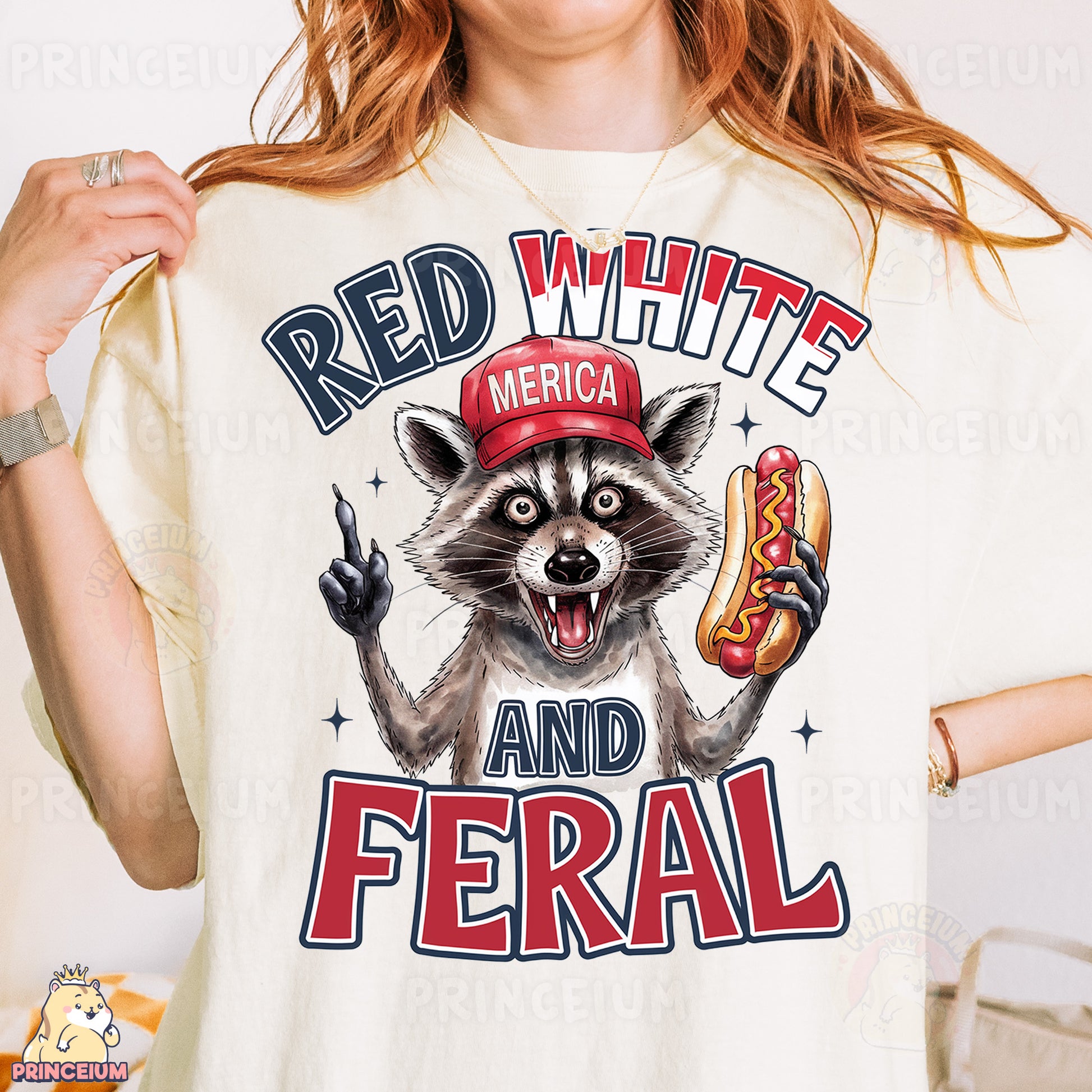 a woman wearing a red white and black shirt with a raccoon eating a
