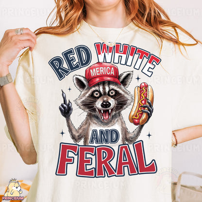 a woman wearing a red white and black shirt with a raccoon eating a