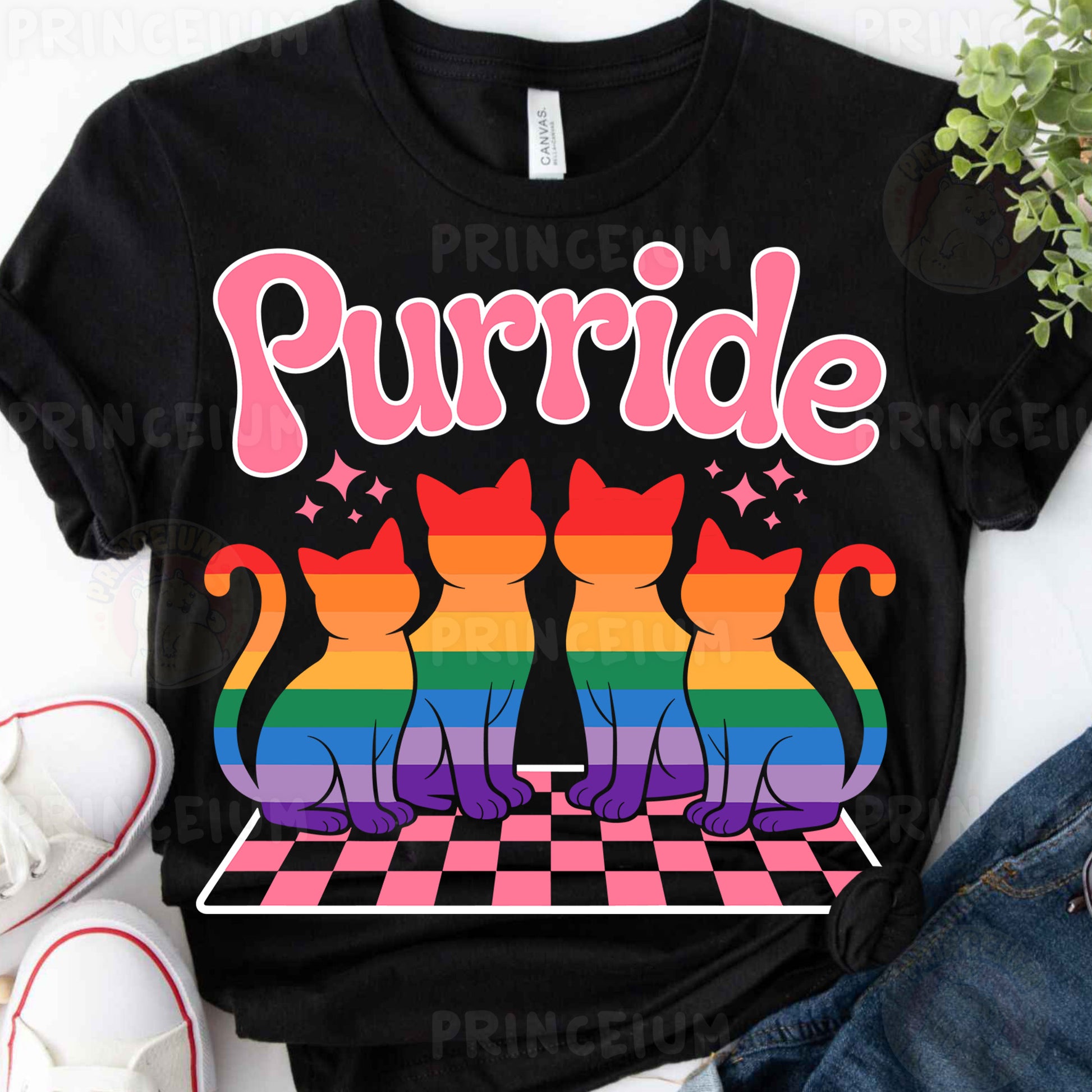 a t - shirt that says purrde with two cats on a checkered