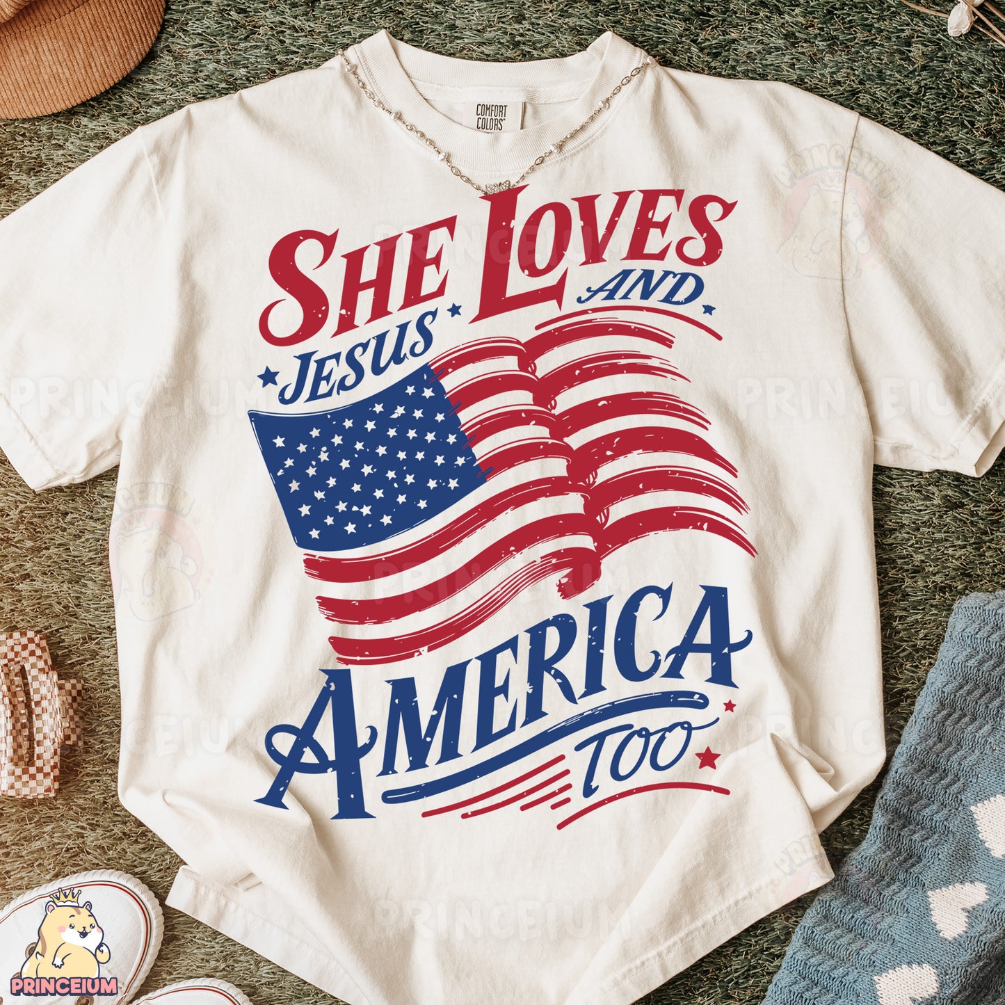 a t - shirt that says she loves jesus and america too