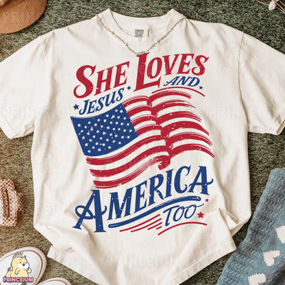 a t - shirt that says she loves jesus and america too
