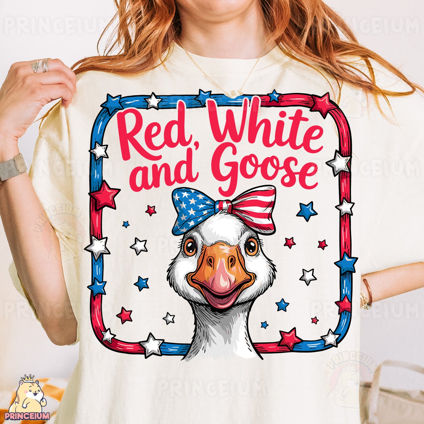a woman wearing a red, white and goose t - shirt