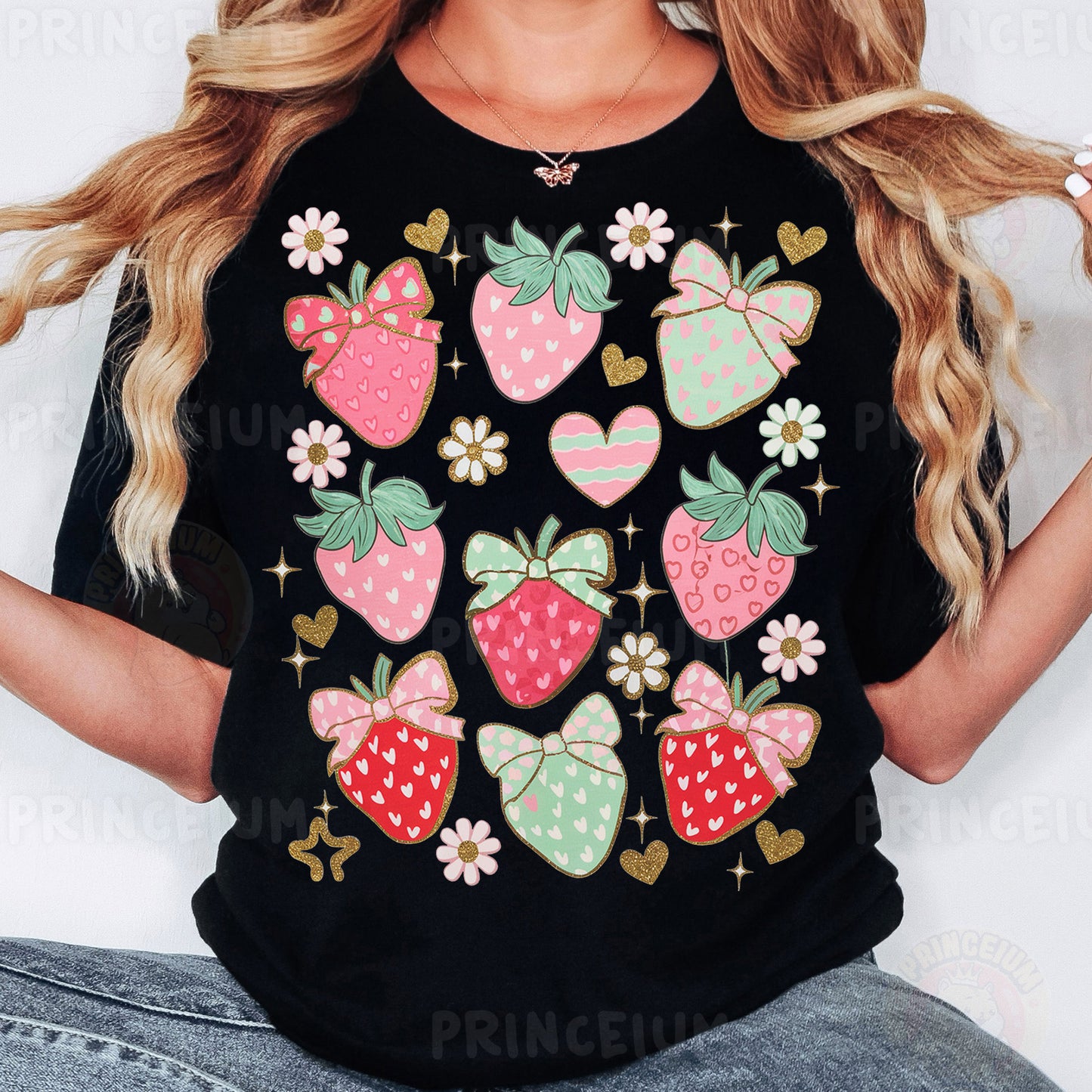 a woman wearing a black shirt with strawberries on it