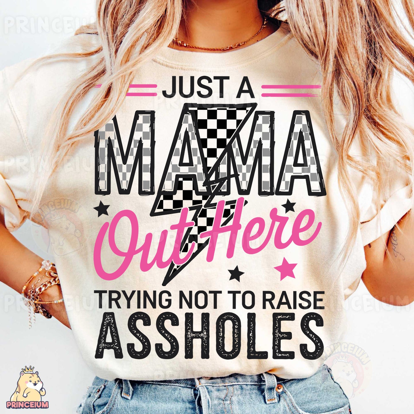 a woman wearing a t - shirt that says just a mama outside trying not to