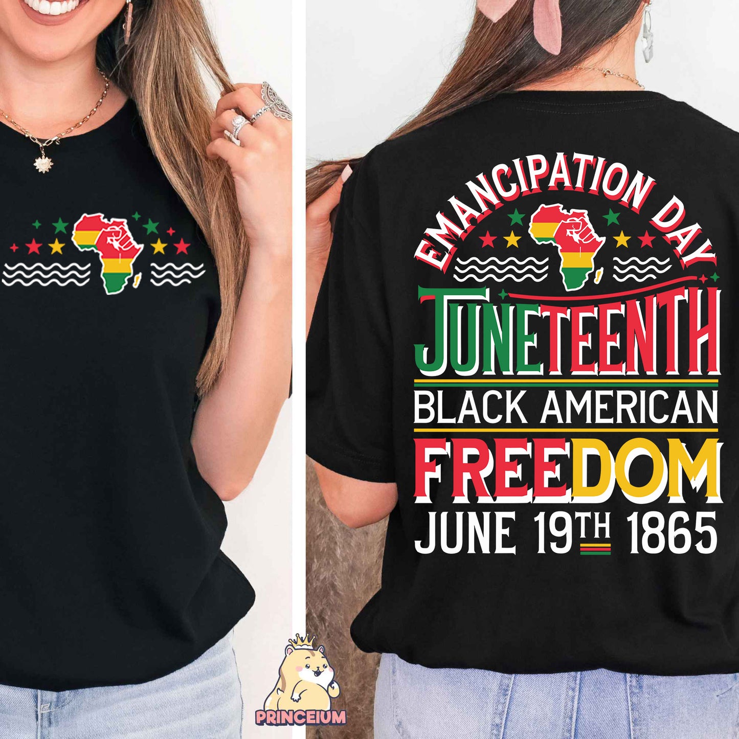 a woman wearing a black t - shirt with the words black american freedom on it