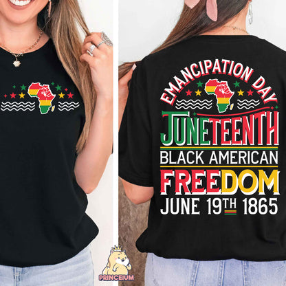 a woman wearing a black t - shirt with the words black american freedom on it