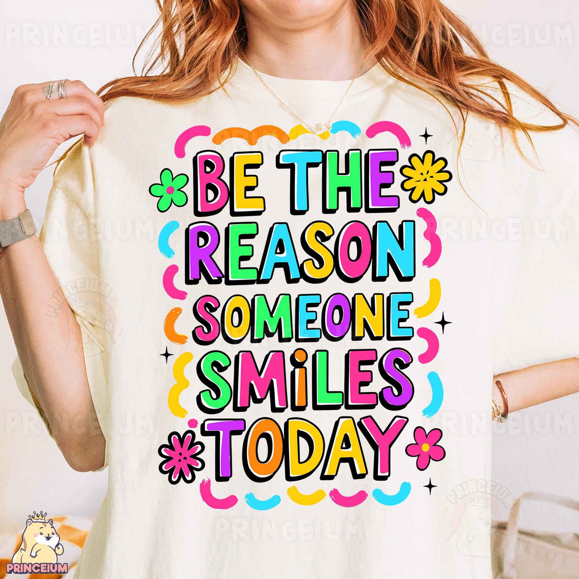 a woman wearing a t - shirt that says be the reason someone smiles today