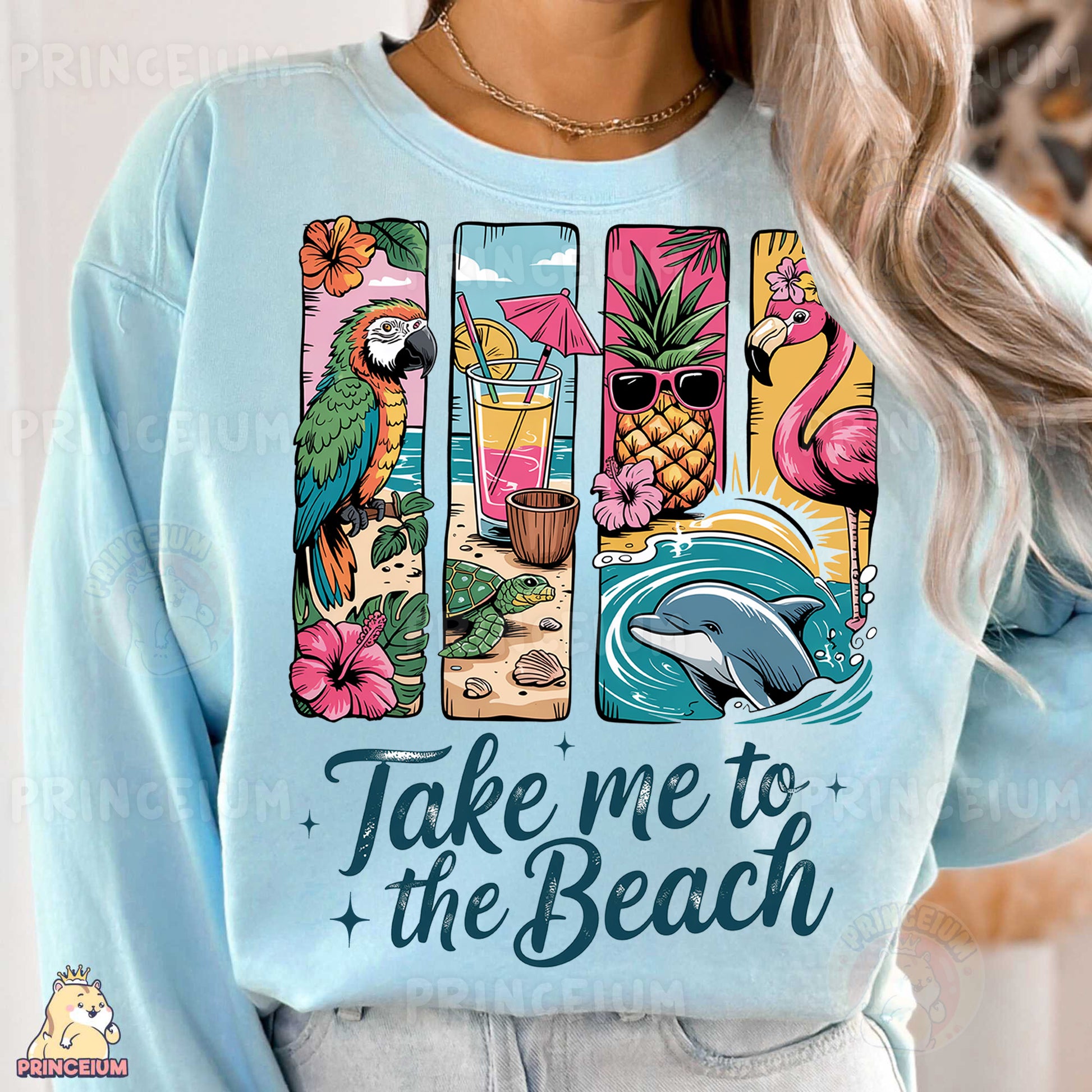 a woman wearing a blue shirt that says take me to the beach