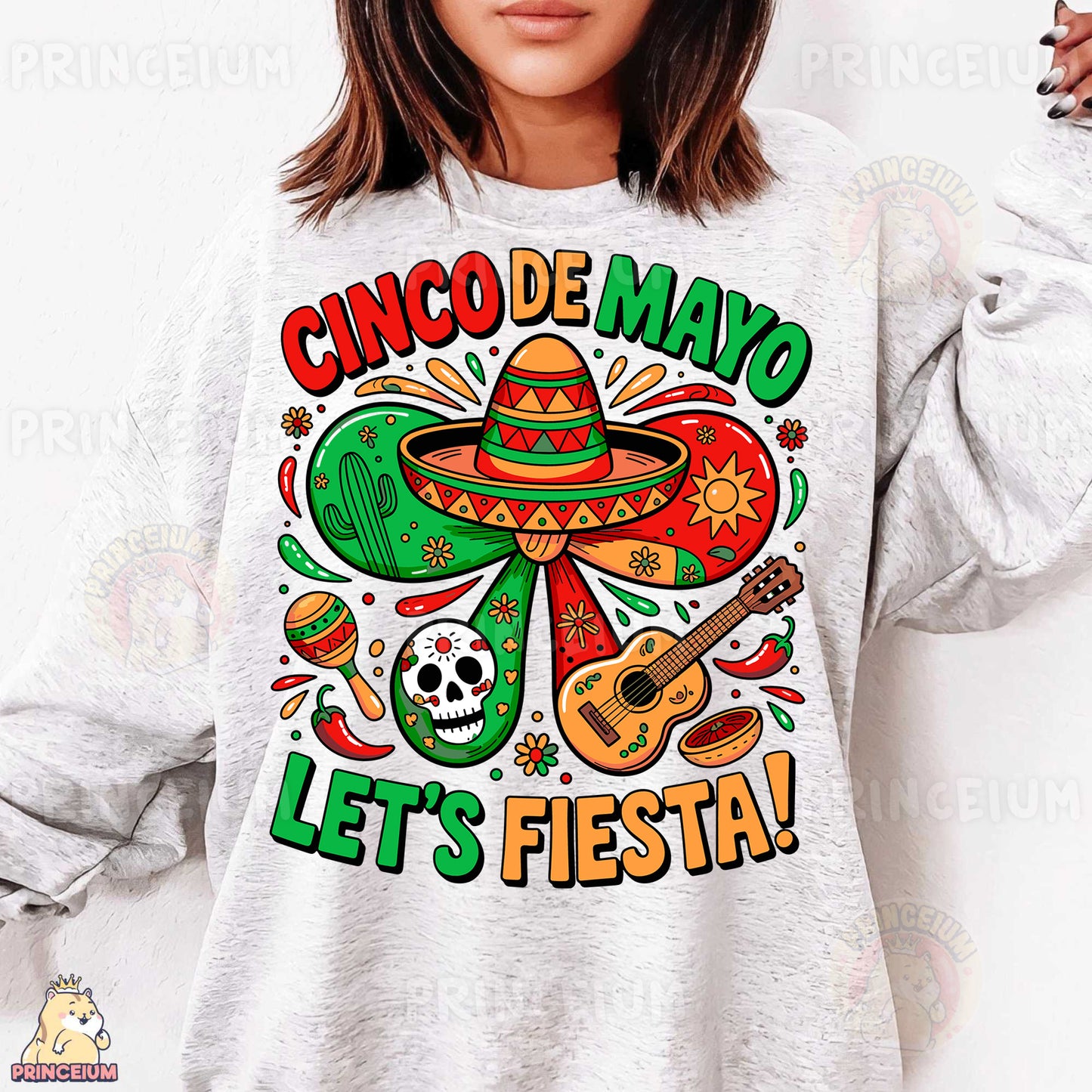 a woman wearing a sweatshirt that says cinco de mayo let's fiesta