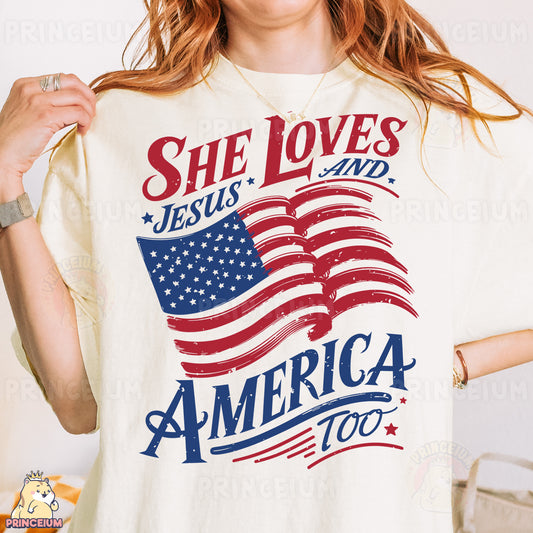 a woman wearing a t - shirt that says she loves jesus and america too