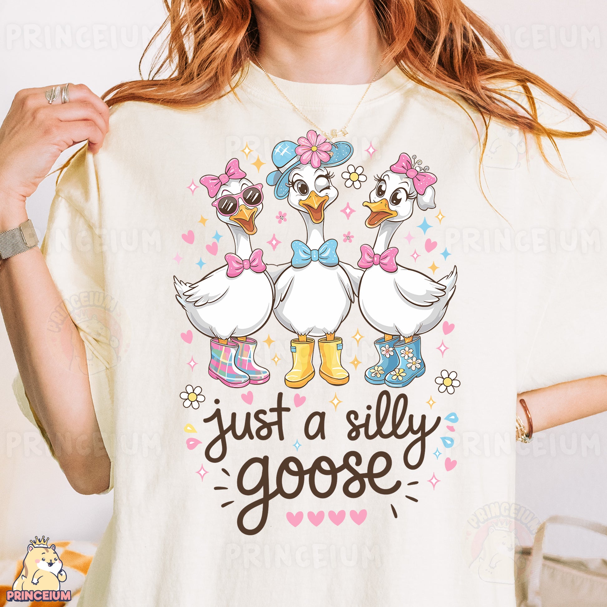 a woman wearing a t - shirt that says just a silly goose
