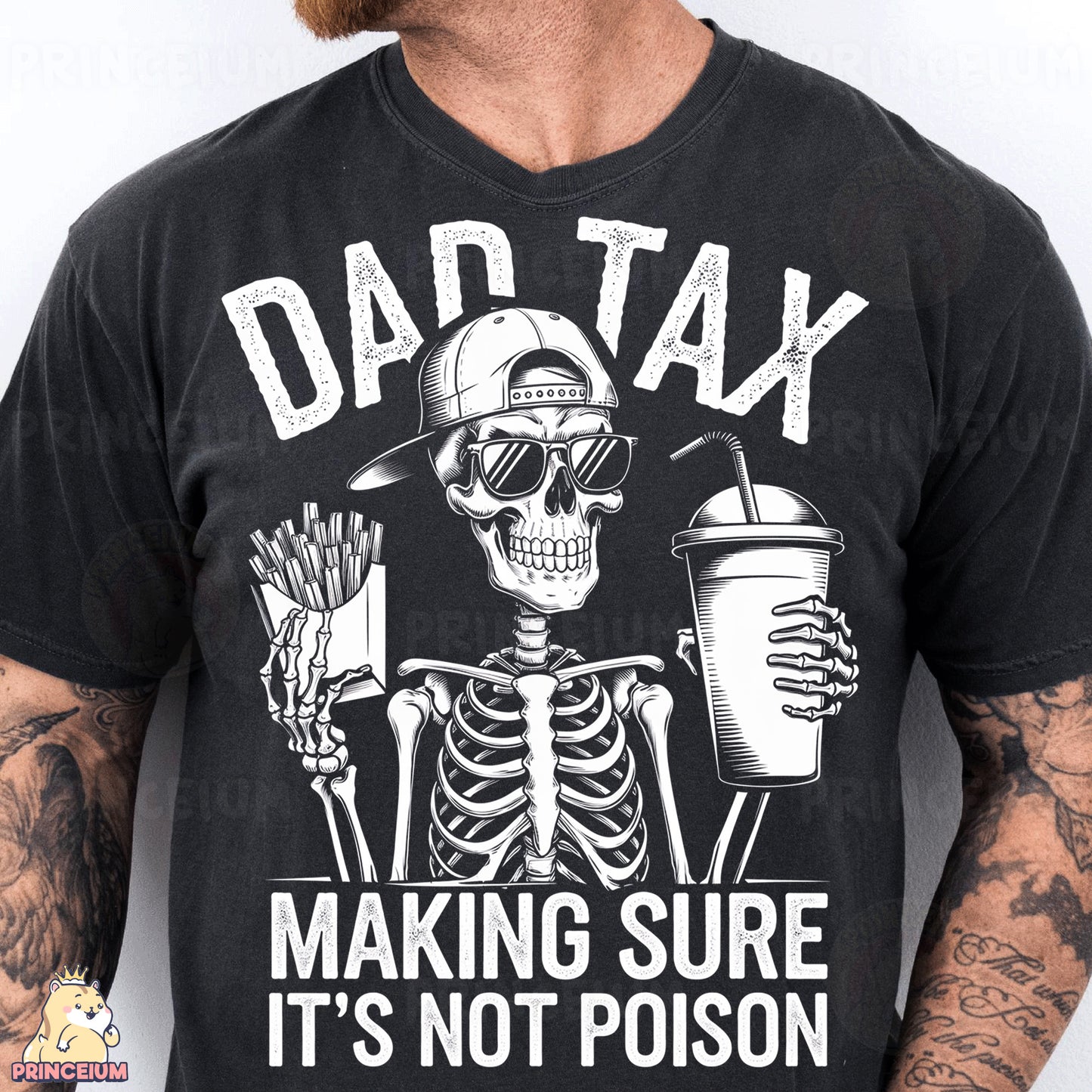 a man wearing a black shirt that says dad tax making sure it's not