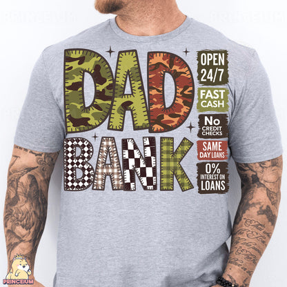 a man wearing a t - shirt that says dad bank