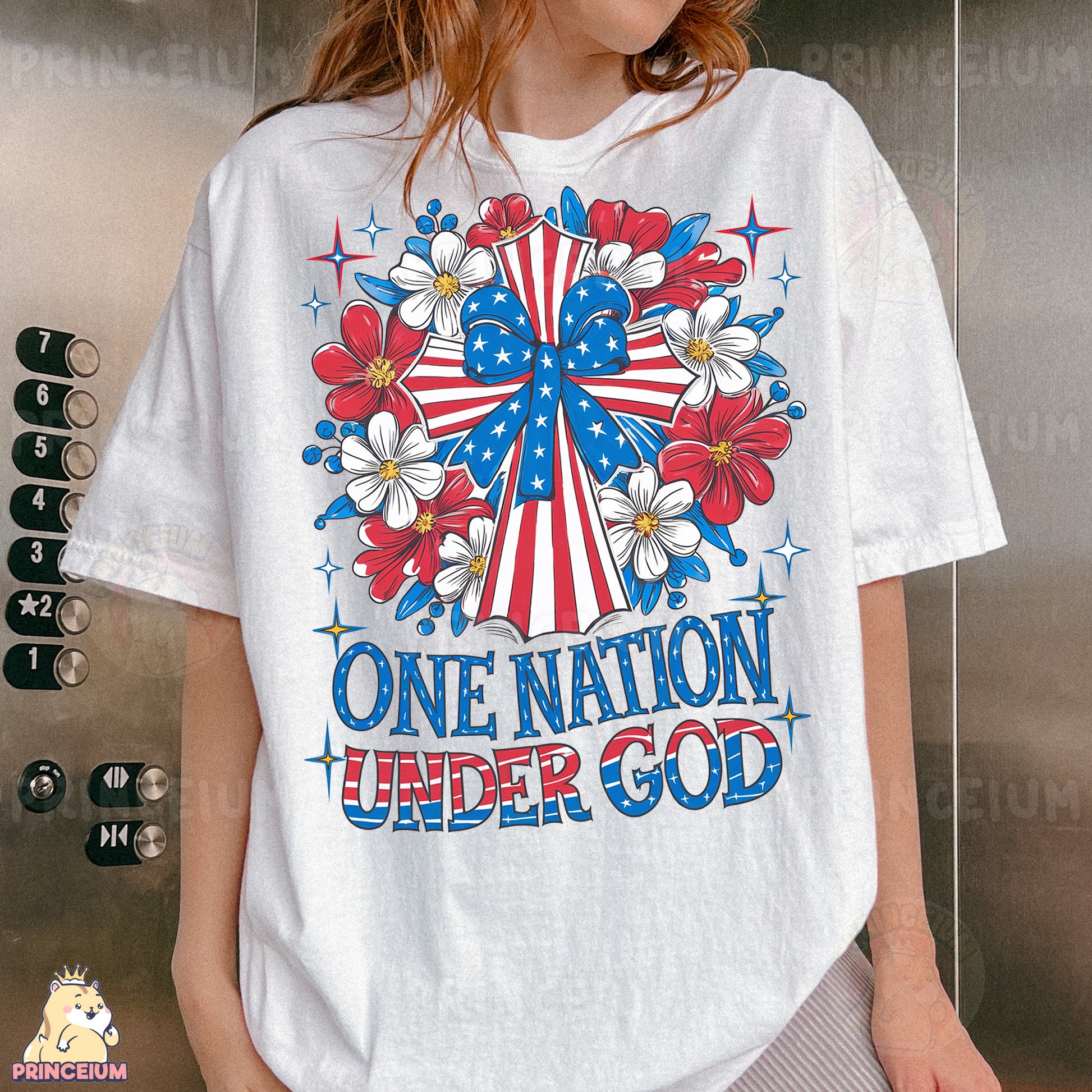 a woman wearing a one nation under god t - shirt