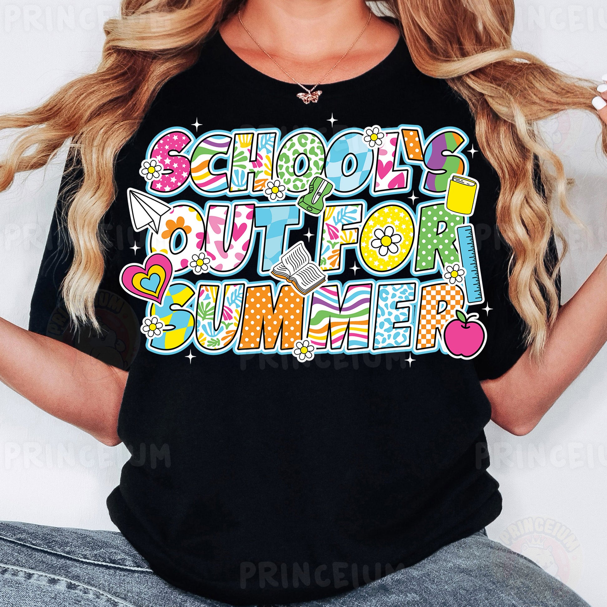 a woman wearing a black shirt that says school is out for summer