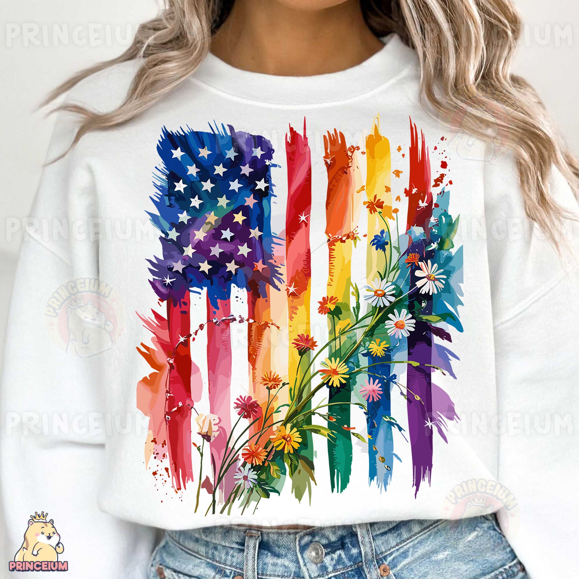 a woman wearing a white shirt with an american flag painted on it