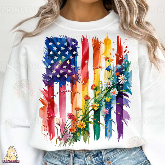 a woman wearing a white shirt with an american flag painted on it