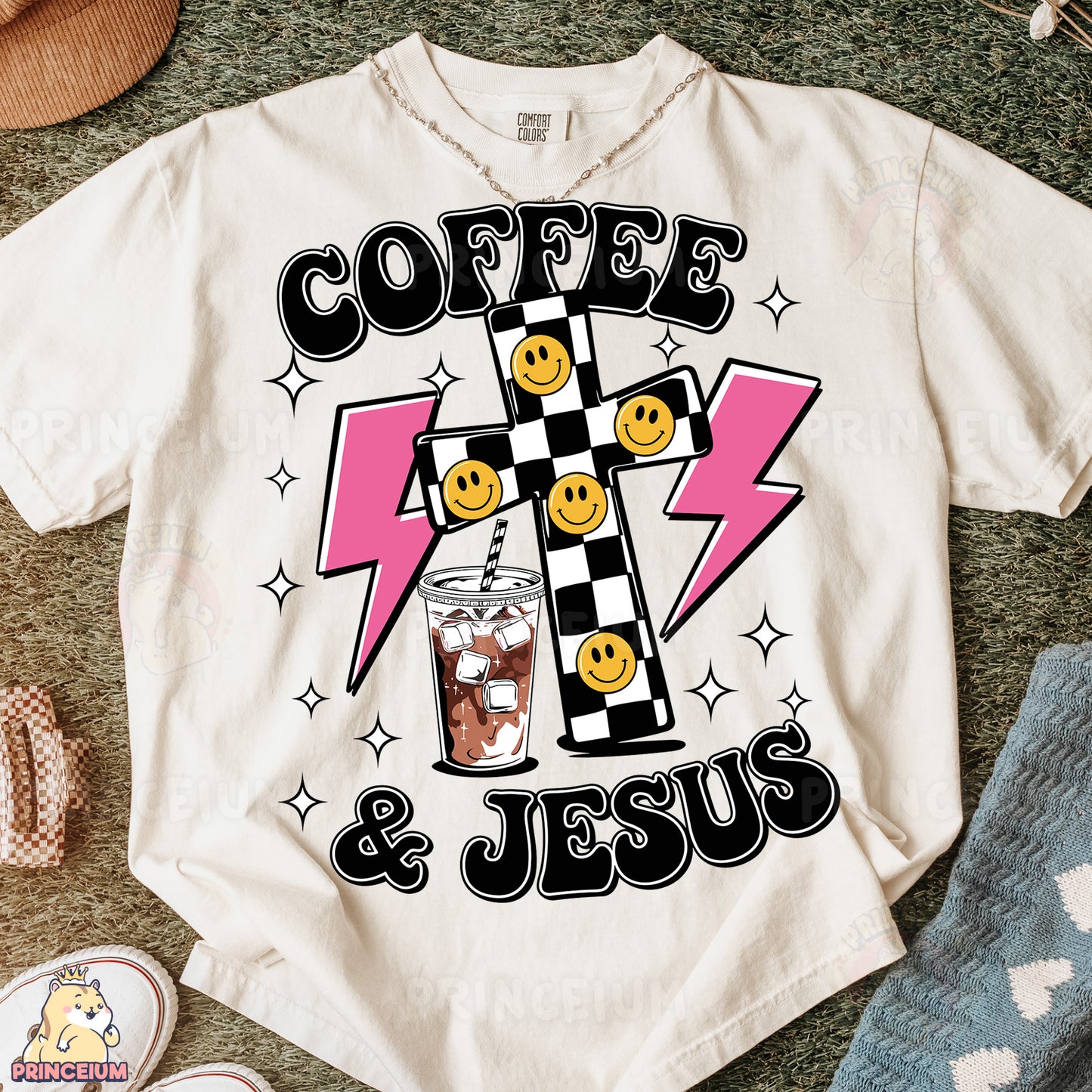 a t - shirt that says coffee and jesus on it