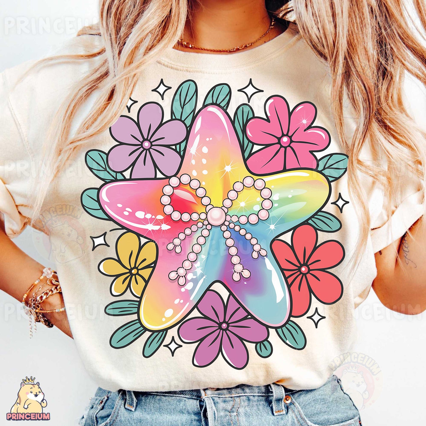 a woman wearing a t - shirt with a flower design on it