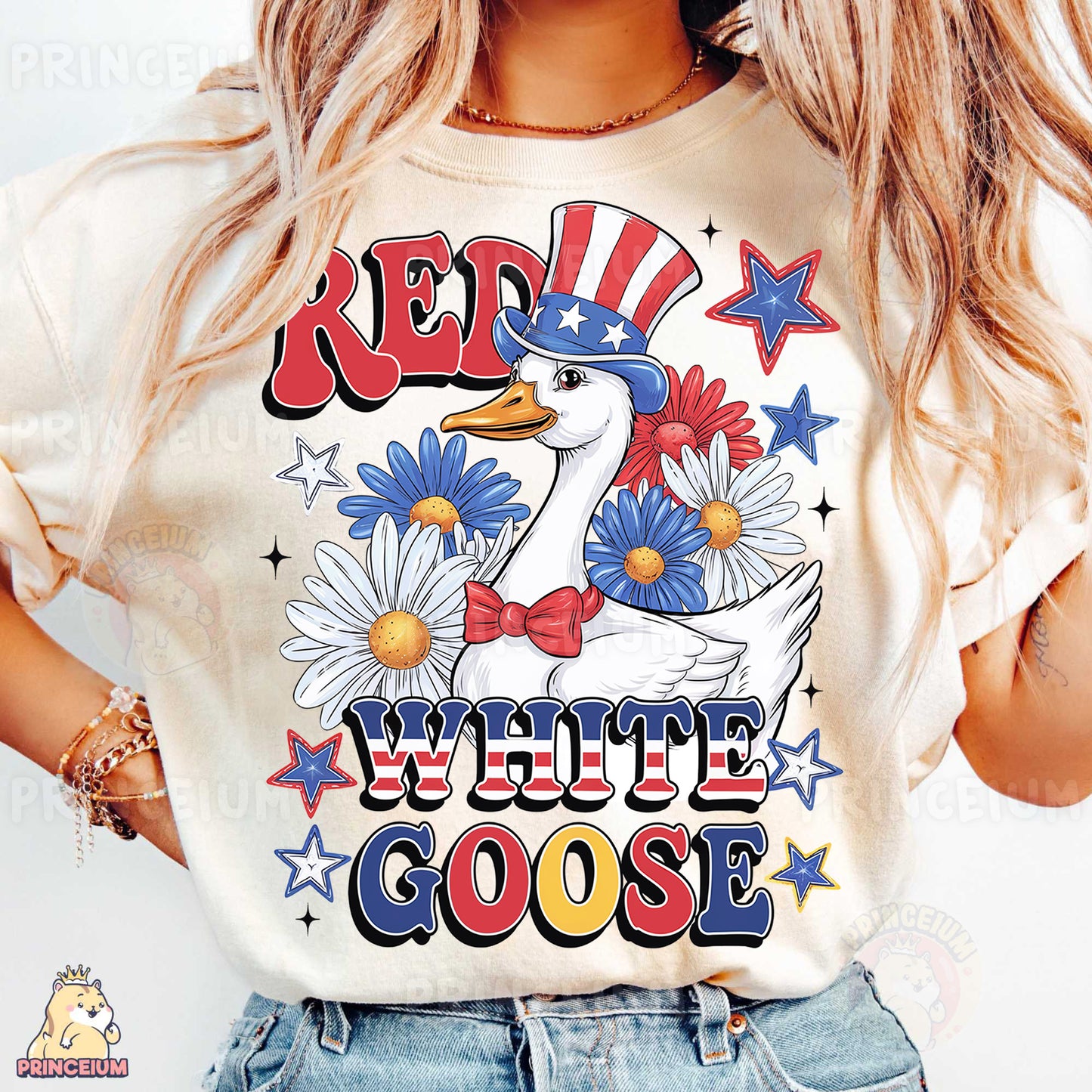 a woman wearing a red white and goose shirt