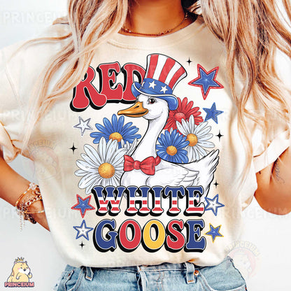 a woman wearing a red white and goose shirt