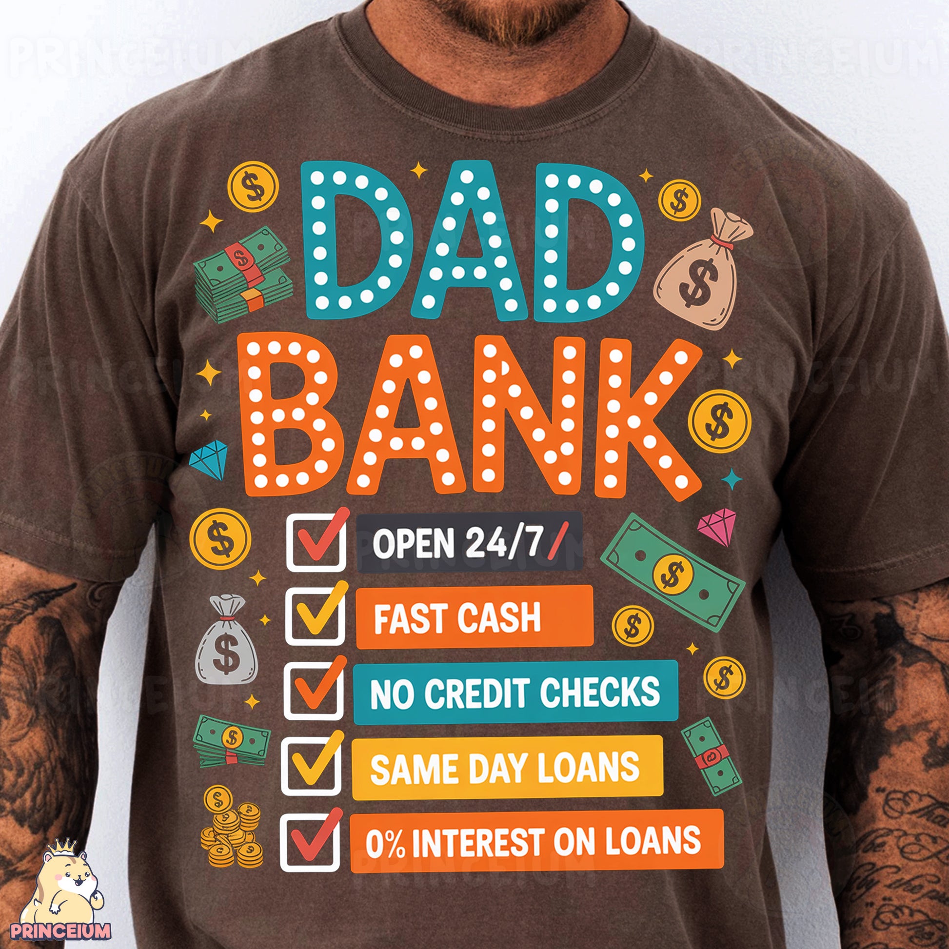 a man wearing a t - shirt that says dad bank