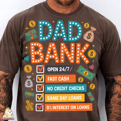 a man wearing a t - shirt that says dad bank