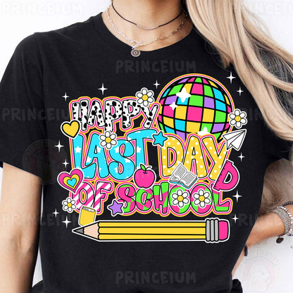 a woman wearing a black t - shirt that says happy last day of school