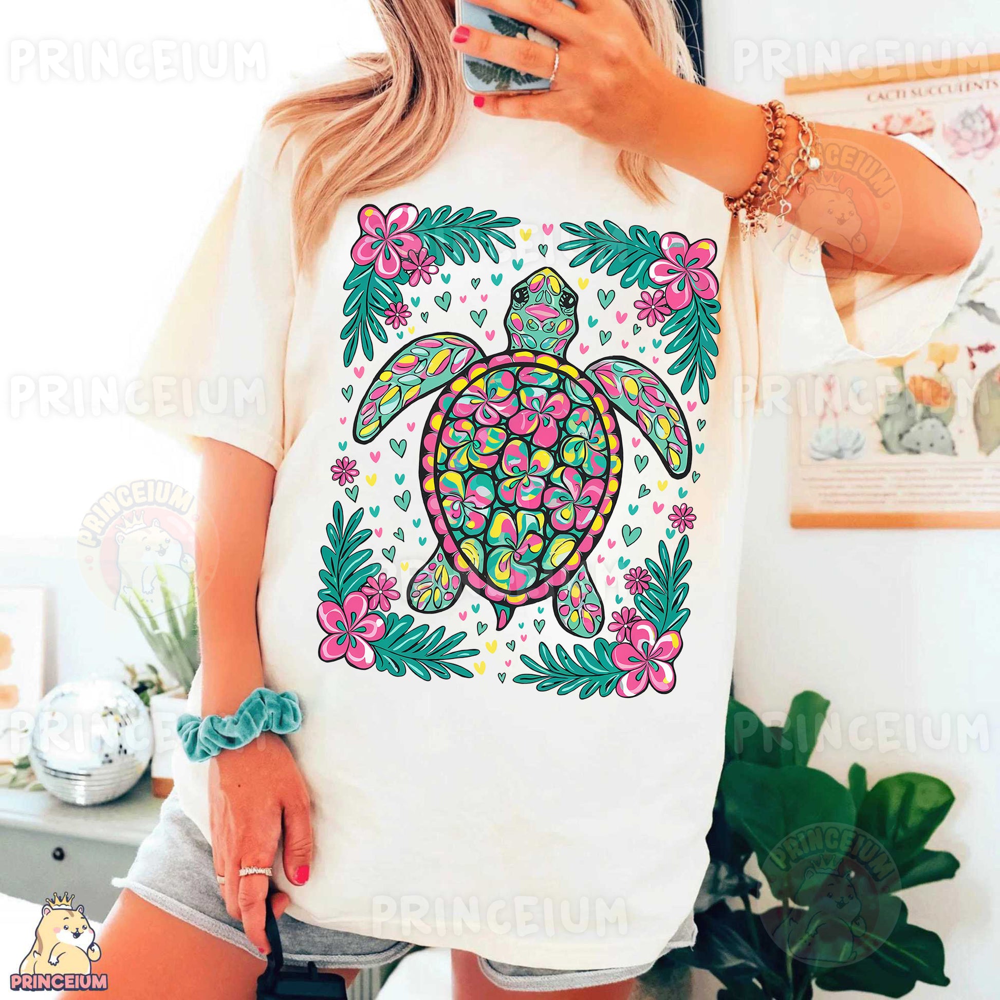 a woman taking a picture of herself wearing a t - shirt with a turtle on