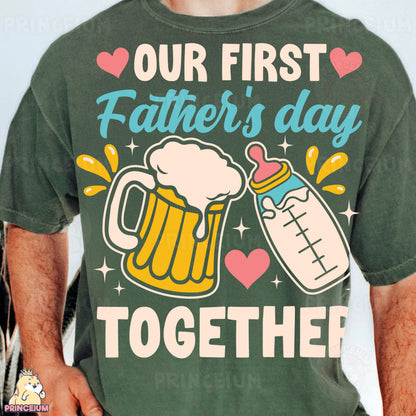a man wearing a t - shirt that says our first father's day together