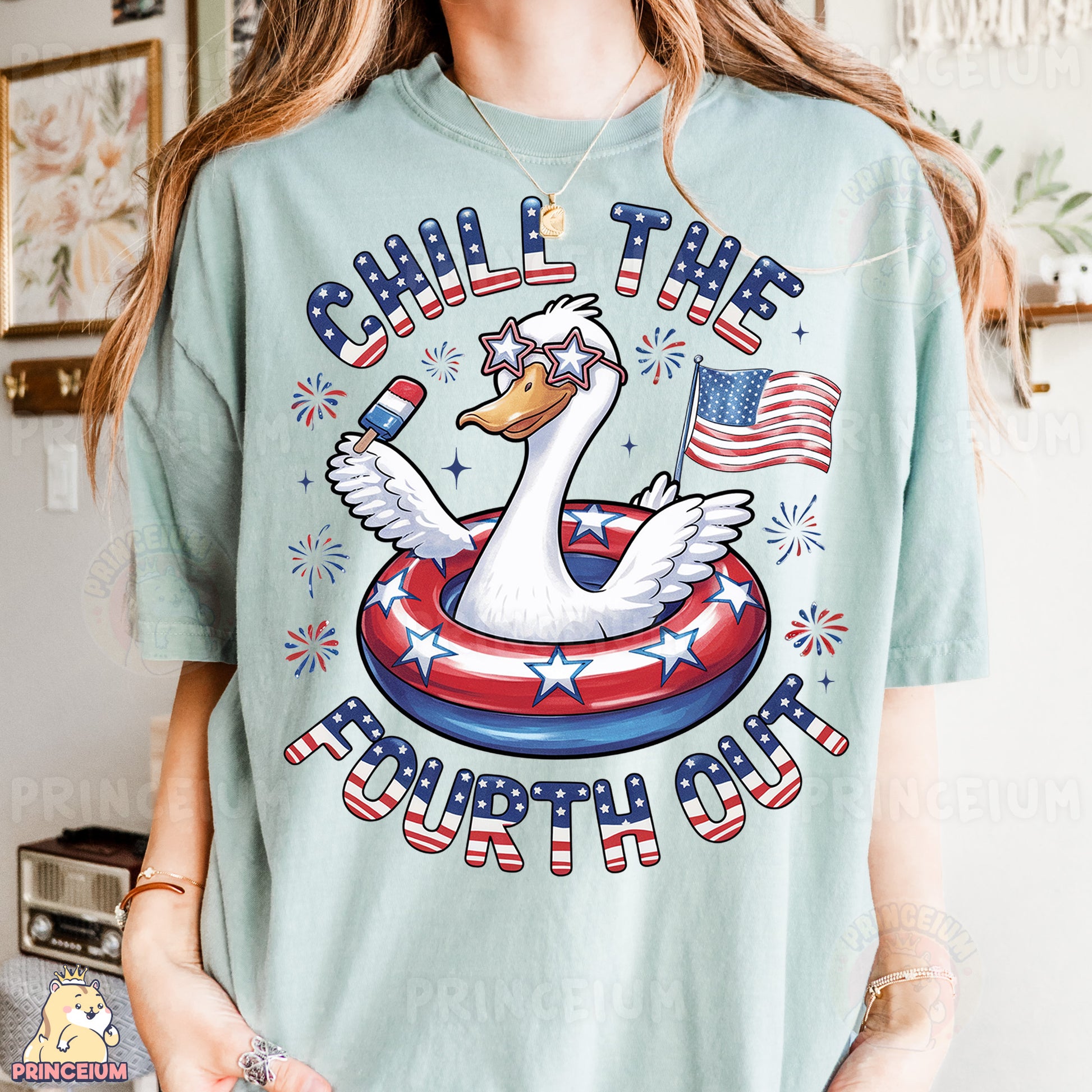 a woman wearing a t - shirt that says chill the fourth of july
