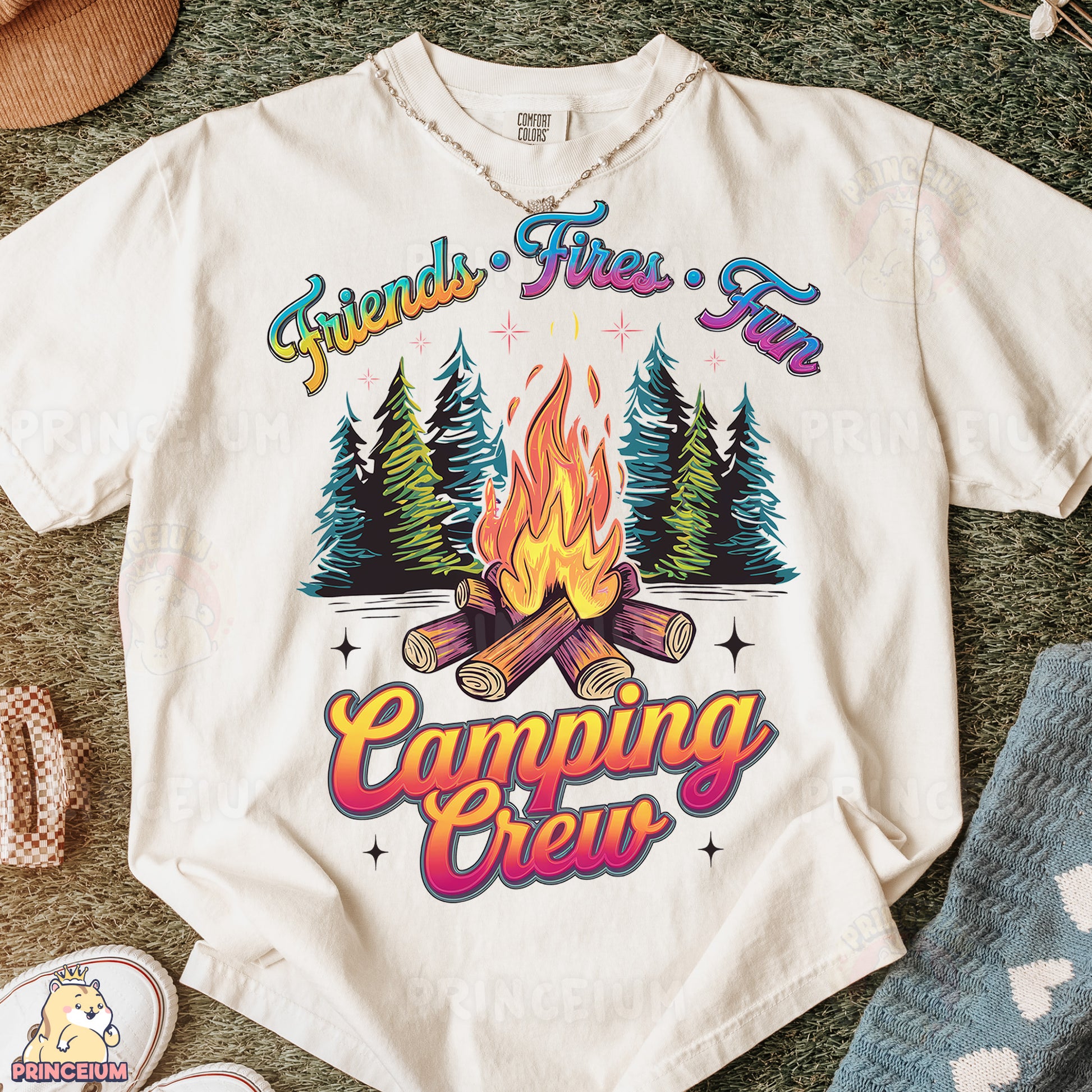 a t - shirt that says friends first camping crew next to a pair of