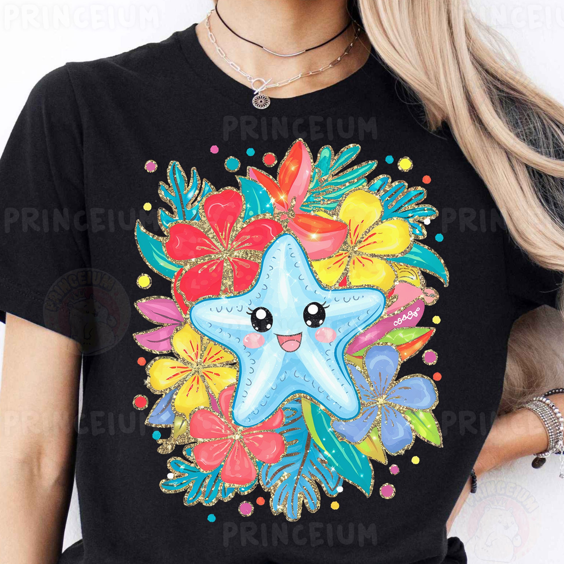 a woman wearing a black shirt with a starfish on it