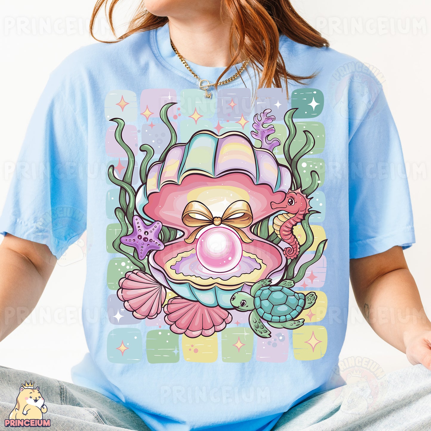 a woman wearing a blue shirt with a cartoon character on it