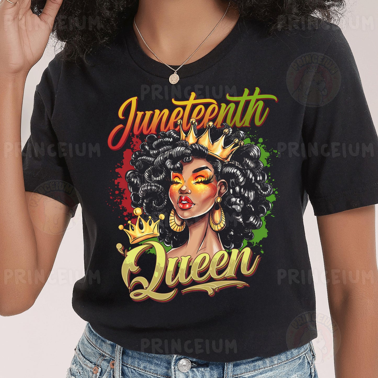 a woman wearing a black shirt with a crown on it