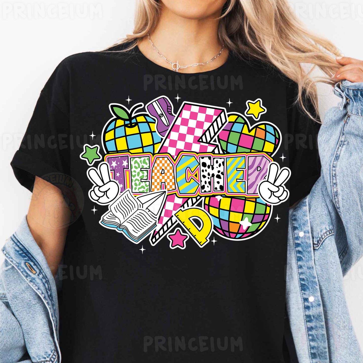 a woman wearing a black t - shirt with colorful graphic