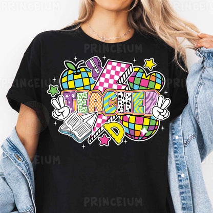 a woman wearing a black t - shirt with colorful graphic