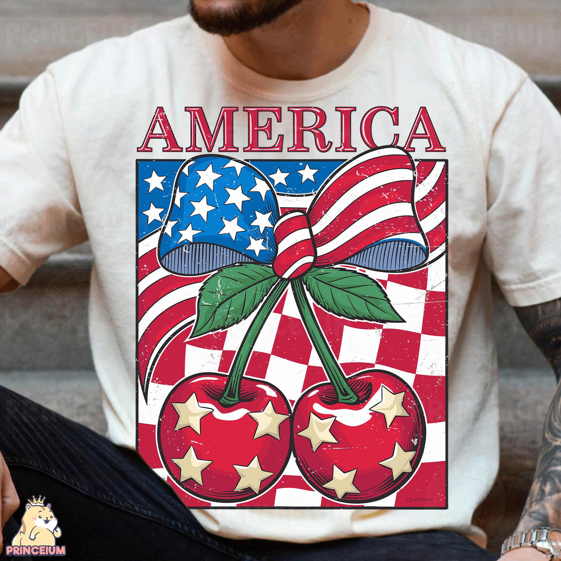 a man sitting on steps wearing a t - shirt with cherries on it