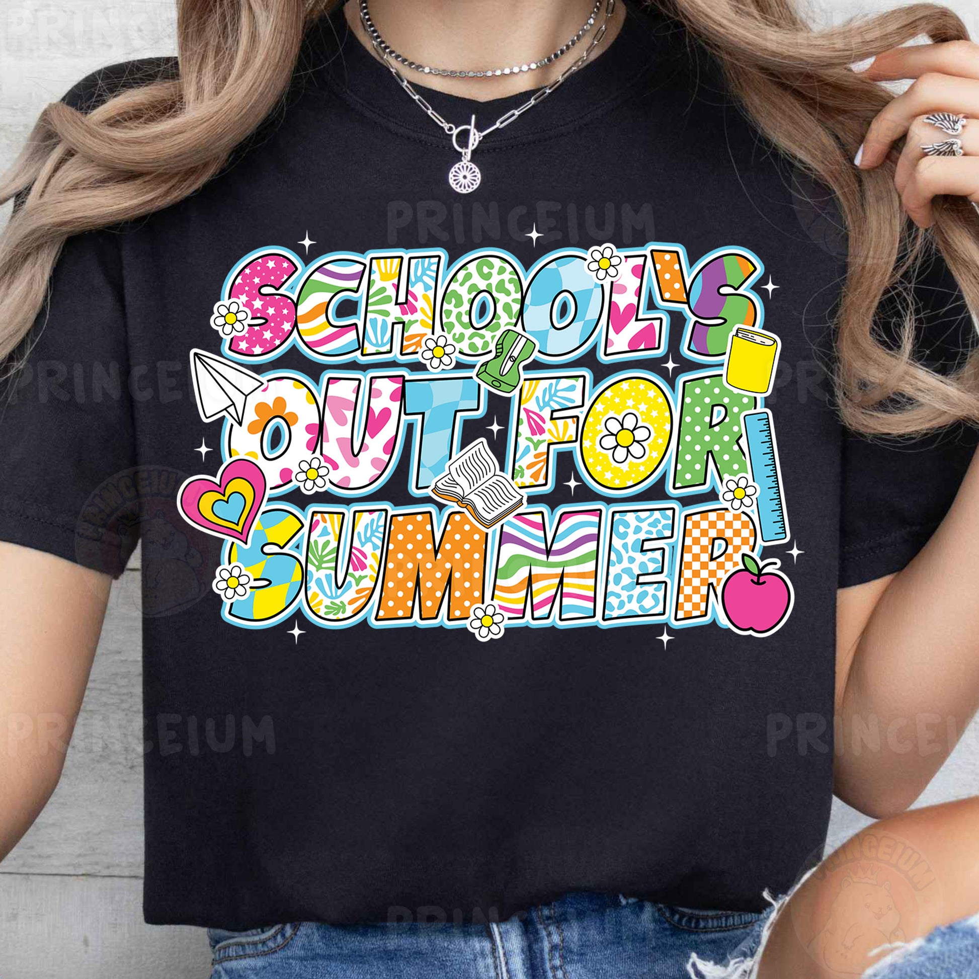 a woman wearing a black shirt that says school is out for summer