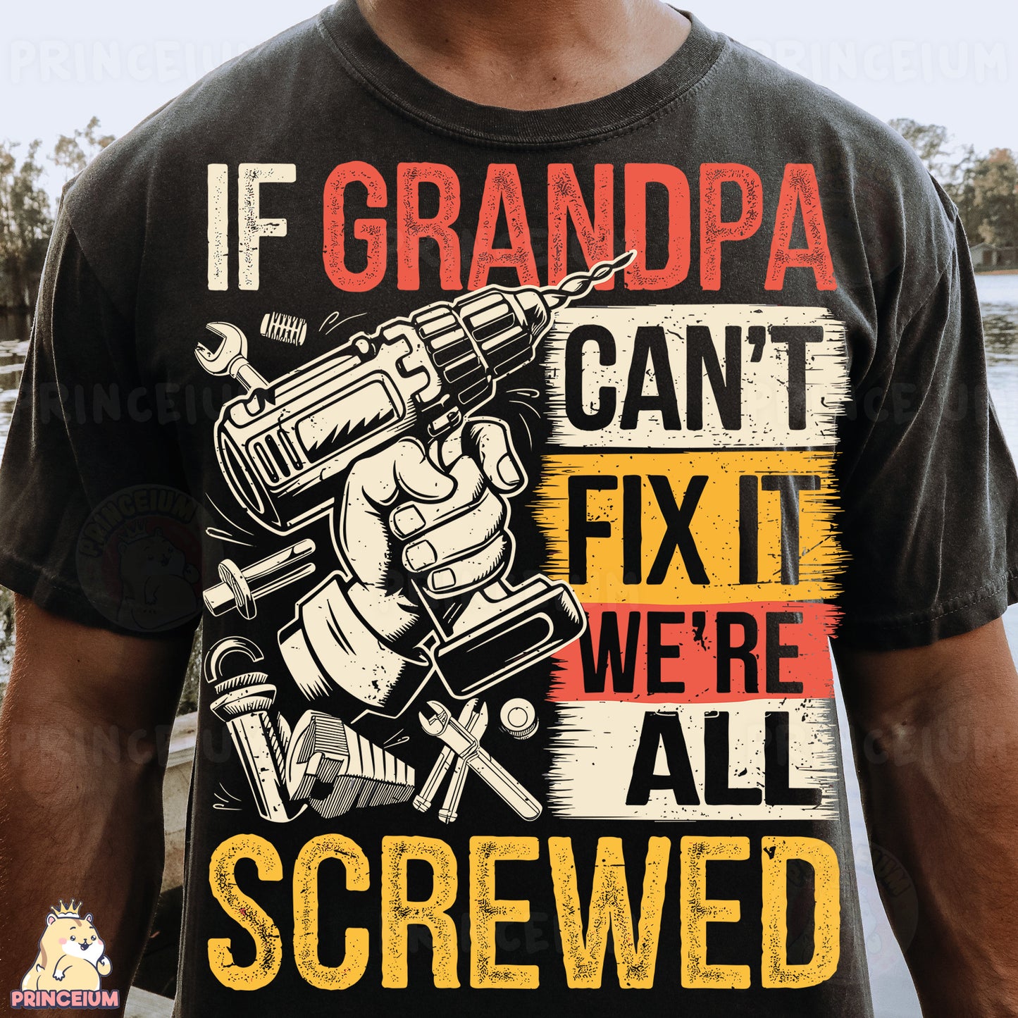a man wearing a t - shirt that says if grandpa can't fix it